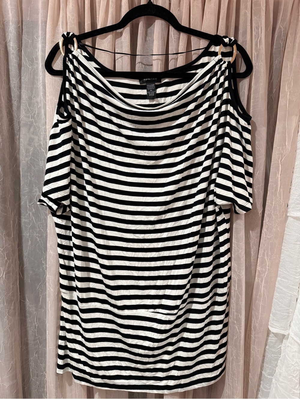 Spense Black and White Striped Cold-Shoulder Tunic with Ring Detail